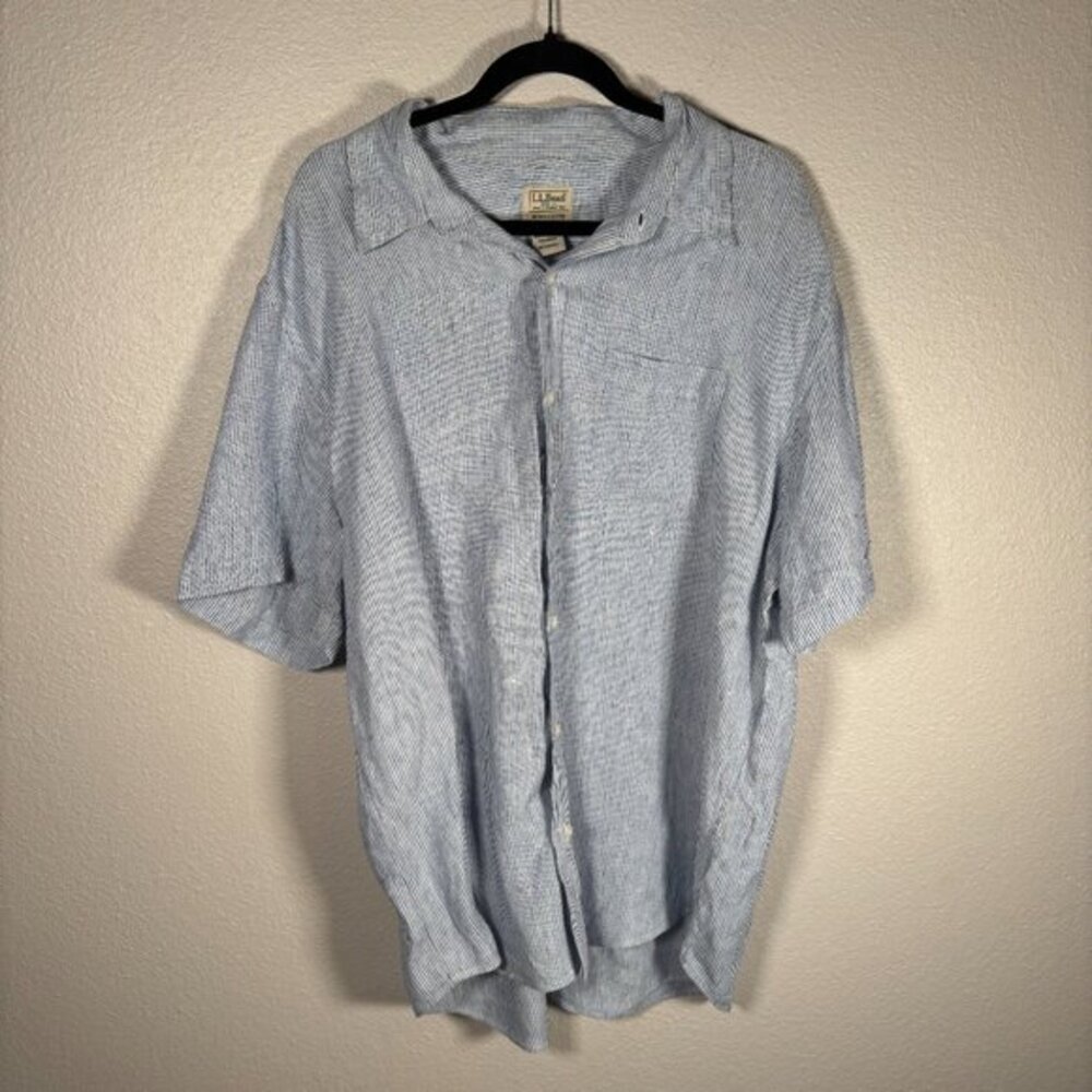 L.L. Bean White Blue Striped Short Sleeve Chest Pocket Button Up Shirt Size XL